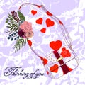 Thinking of you - card. bag with red hearts, rose flowers, leaves. vector illustration